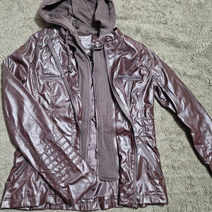 Burgundy hooded jacket with removable hood and liner